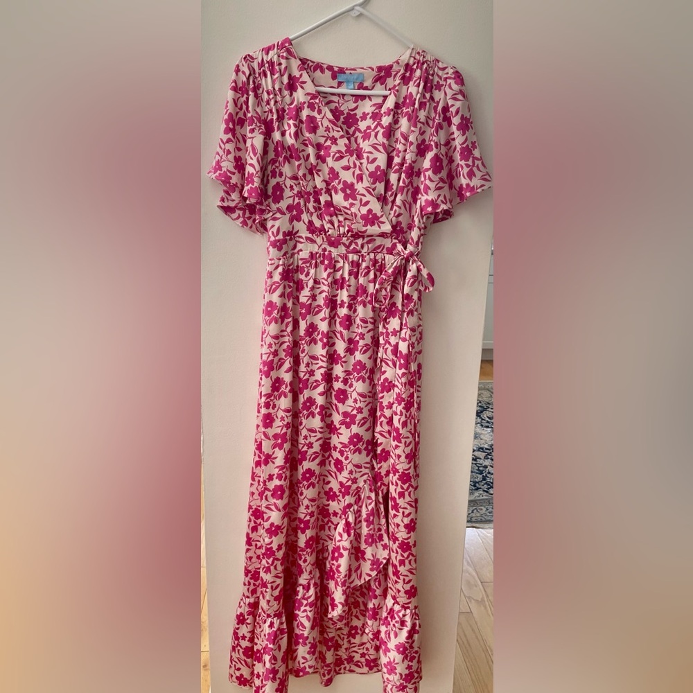 new DRAPER JAMES RSVP™ Flutter Sleeve Wrap Maxi Dress size Small Pink floral